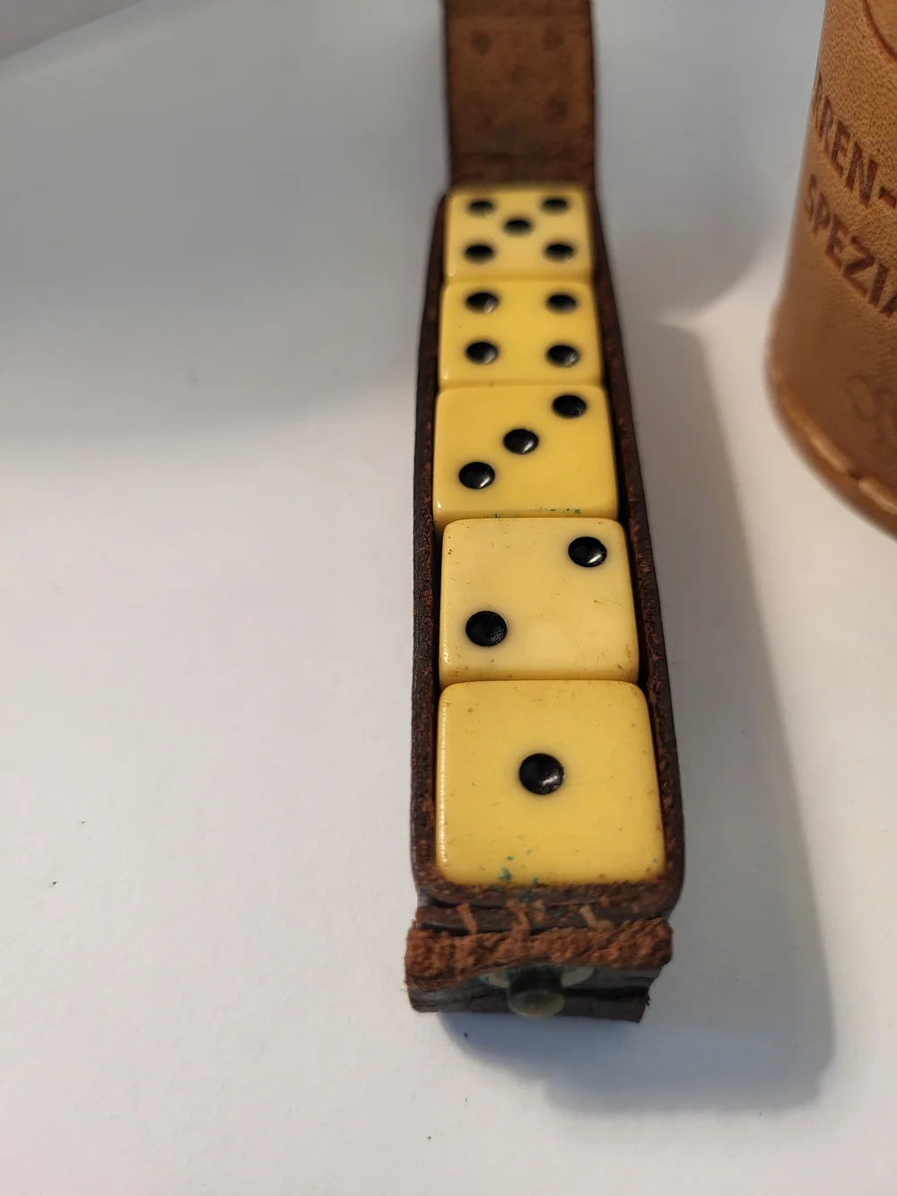 1960s German Handelsgold Leather Dice Cup and Set/5 Dice